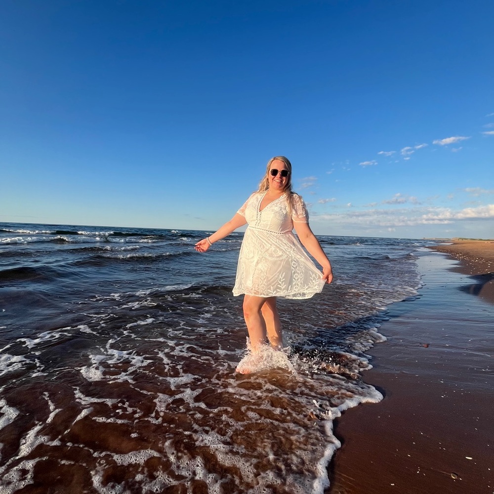 White Lace Beach Dress - Short Sleeve V-Neck